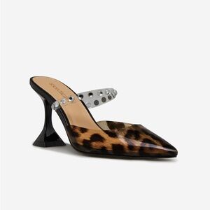 Pointed Toe Slip-On Sandal Pumps in Black & Leopard Animal Print